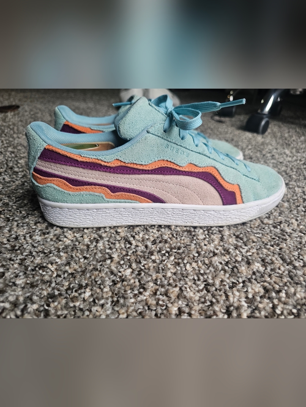 Puma Suede Light Aqua and Navy Low-Top Sneakers